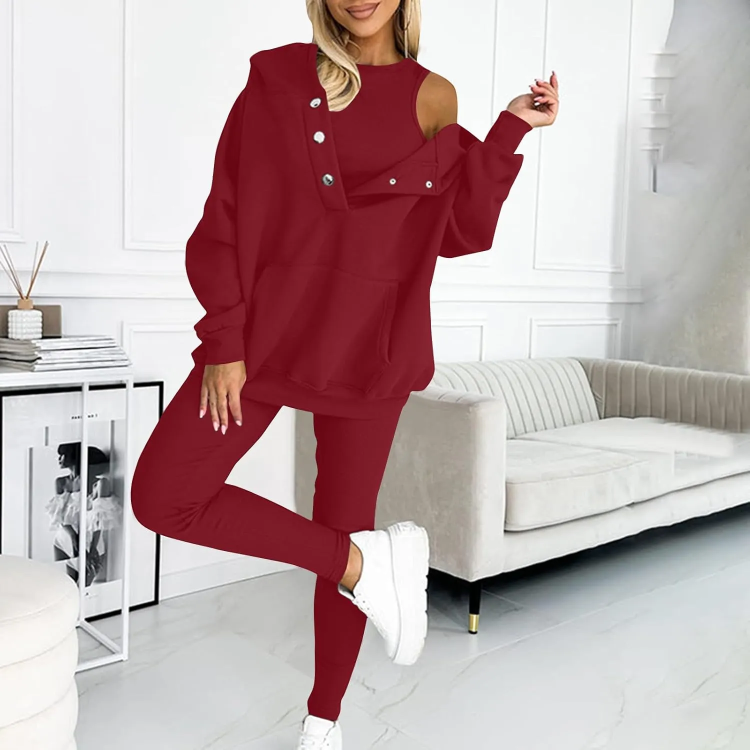 Sweatsuit Set for Women 3 Piece Oversized Outfits Button Hoodie Tank Top Long Pants Matching Lounge Set with Pockets