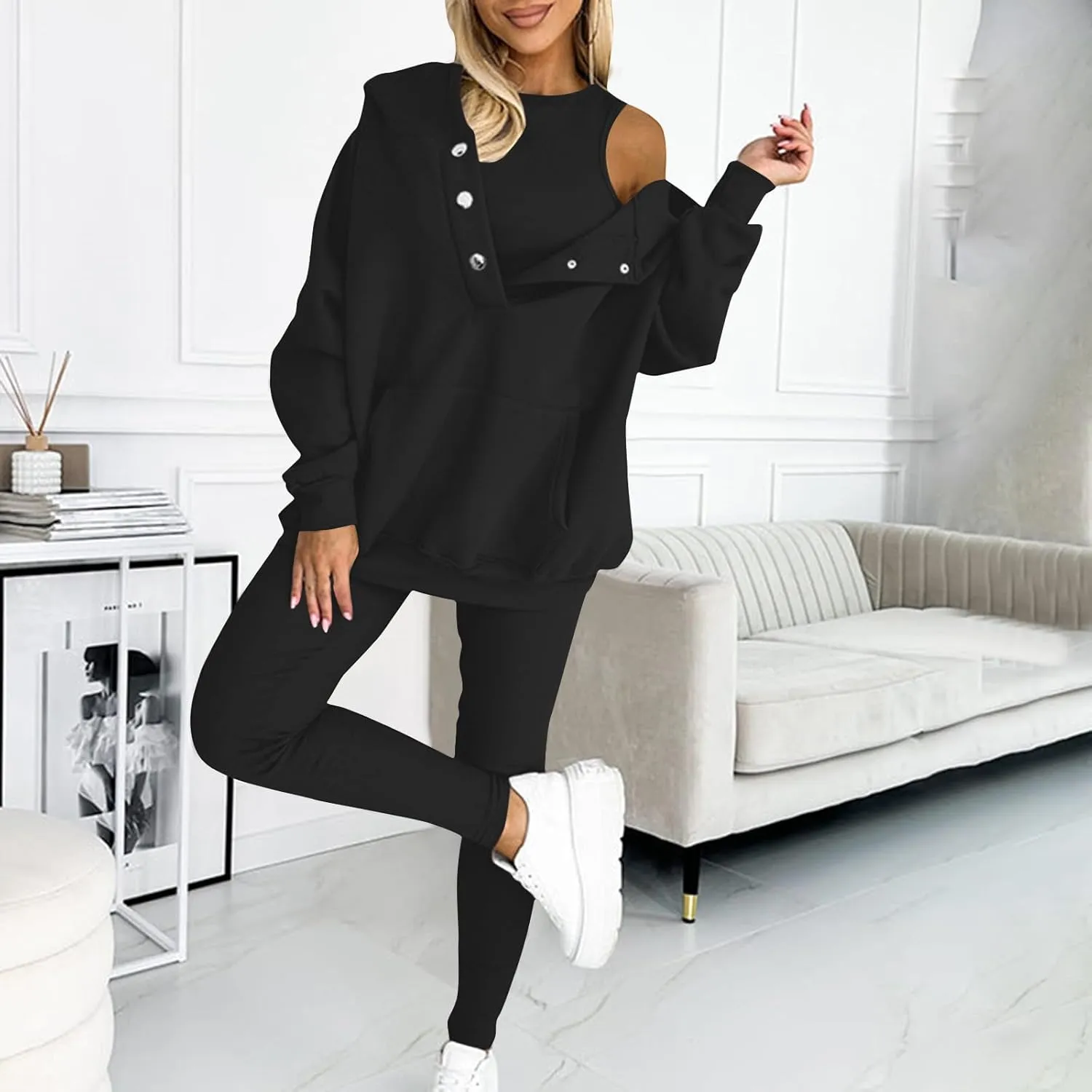 Sweatsuit Set for Women 3 Piece Oversized Outfits Button Hoodie Tank Top Long Pants Matching Lounge Set with Pockets