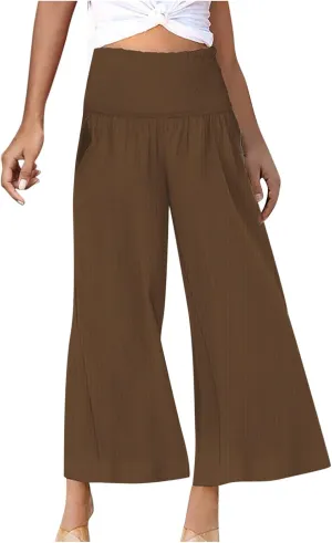 TARIENDY Flowy Pants for Women Petite Ladies Summer Beach Casual Outfits high Waist Wide Leg Pants Elastic Cozy Trousers