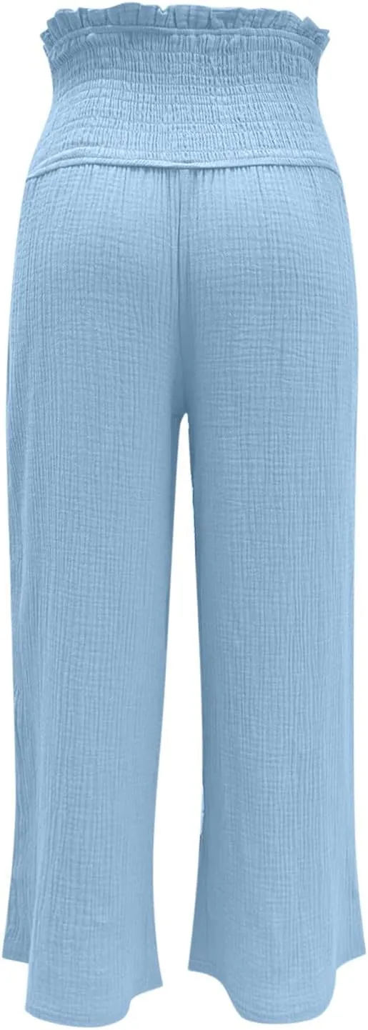 TARIENDY Flowy Pants for Women Petite Ladies Summer Beach Casual Outfits high Waist Wide Leg Pants Elastic Cozy Trousers