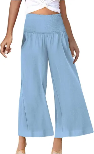 TARIENDY Flowy Pants for Women Petite Ladies Summer Beach Casual Outfits high Waist Wide Leg Pants Elastic Cozy Trousers