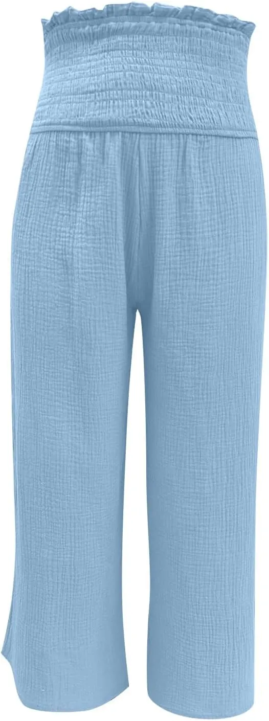 TARIENDY Flowy Pants for Women Petite Ladies Summer Beach Casual Outfits high Waist Wide Leg Pants Elastic Cozy Trousers