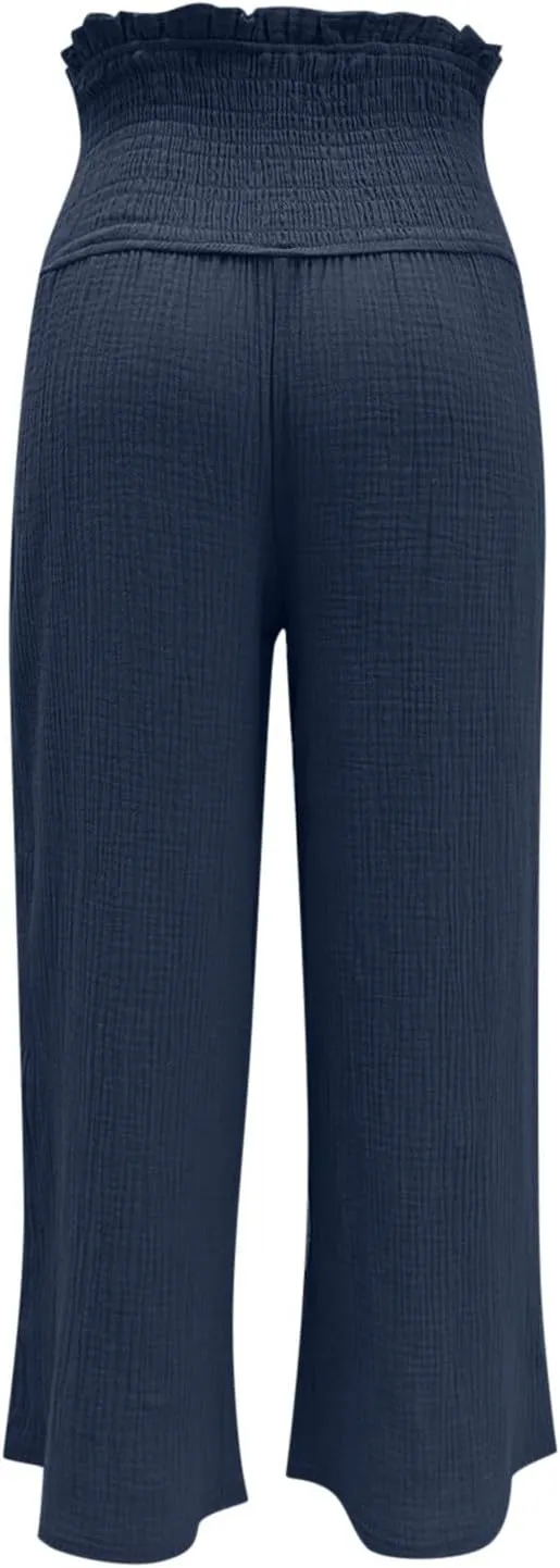 TARIENDY Flowy Pants for Women Petite Ladies Summer Beach Casual Outfits high Waist Wide Leg Pants Elastic Cozy Trousers