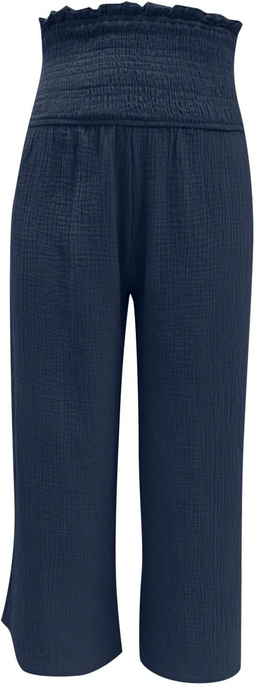 TARIENDY Flowy Pants for Women Petite Ladies Summer Beach Casual Outfits high Waist Wide Leg Pants Elastic Cozy Trousers