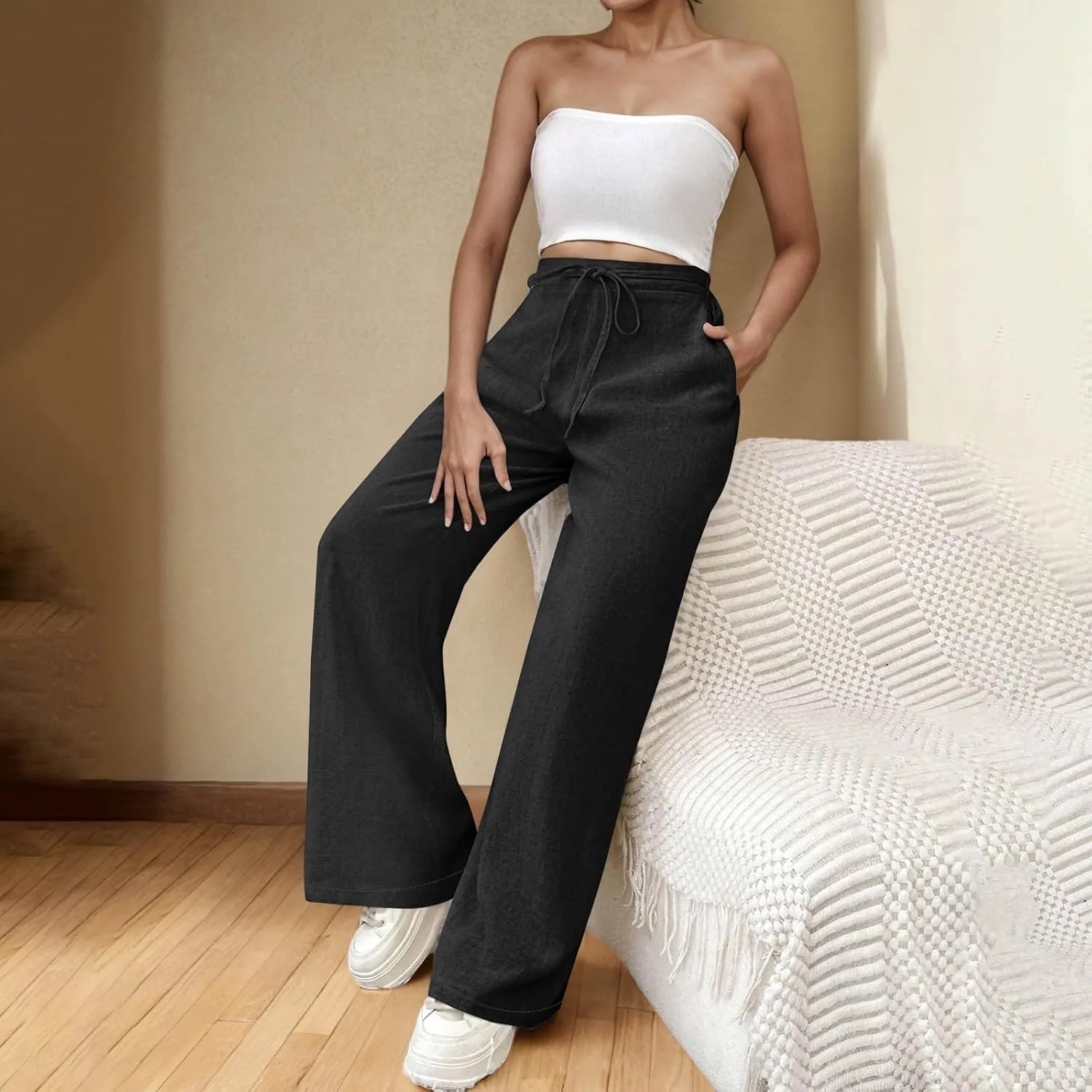 TARIENDY High Waist Wide Leg Pants for Women Women's Elastic Drawstring Trousers high Waist Cozy Outfits Beach Casual Pants