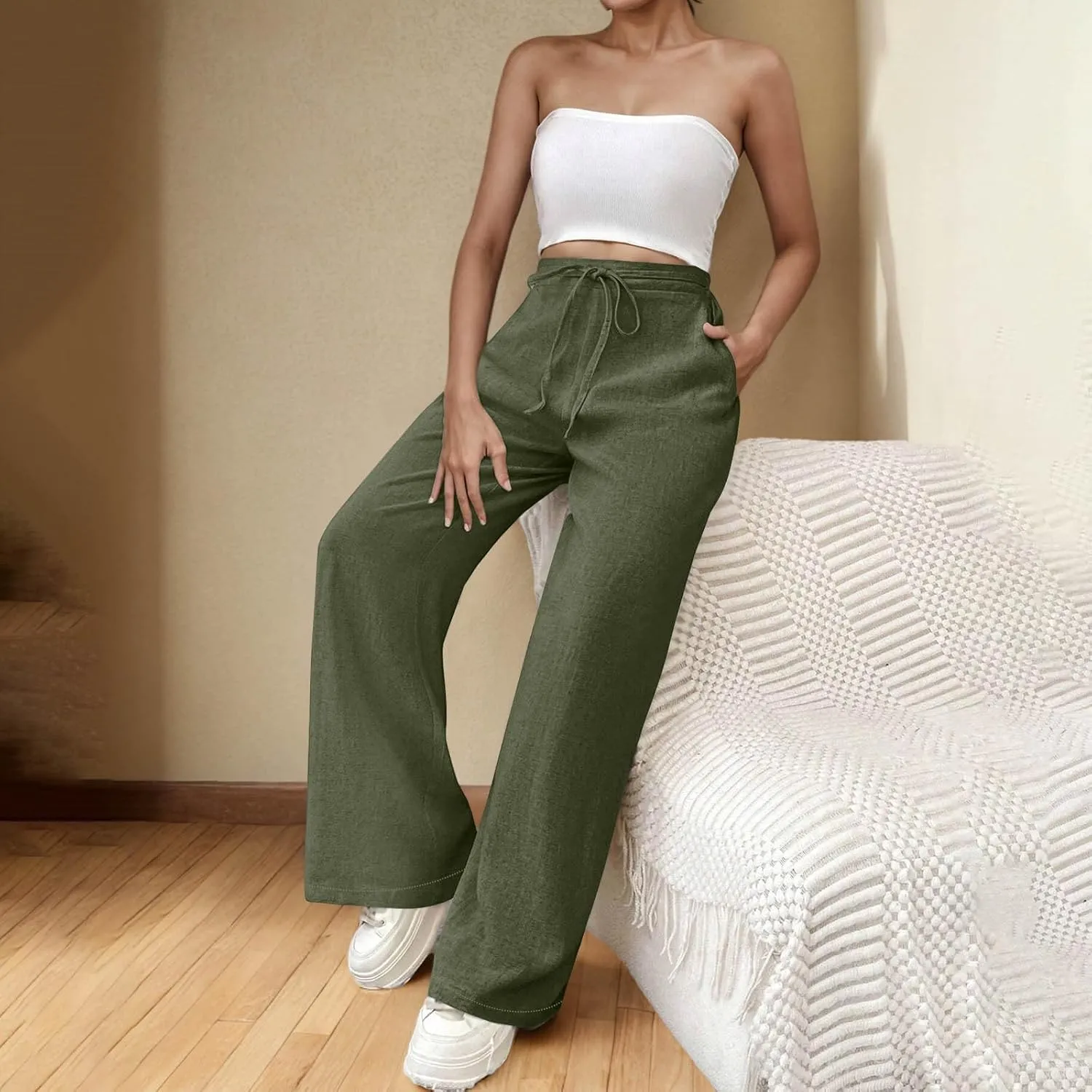 TARIENDY High Waist Wide Leg Pants for Women Women's Elastic Drawstring Trousers high Waist Cozy Outfits Beach Casual Pants