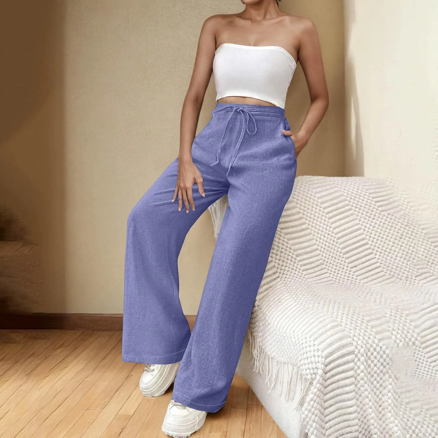 TARIENDY High Waist Wide Leg Pants for Women Women's Elastic Drawstring Trousers high Waist Cozy Outfits Beach Casual Pants