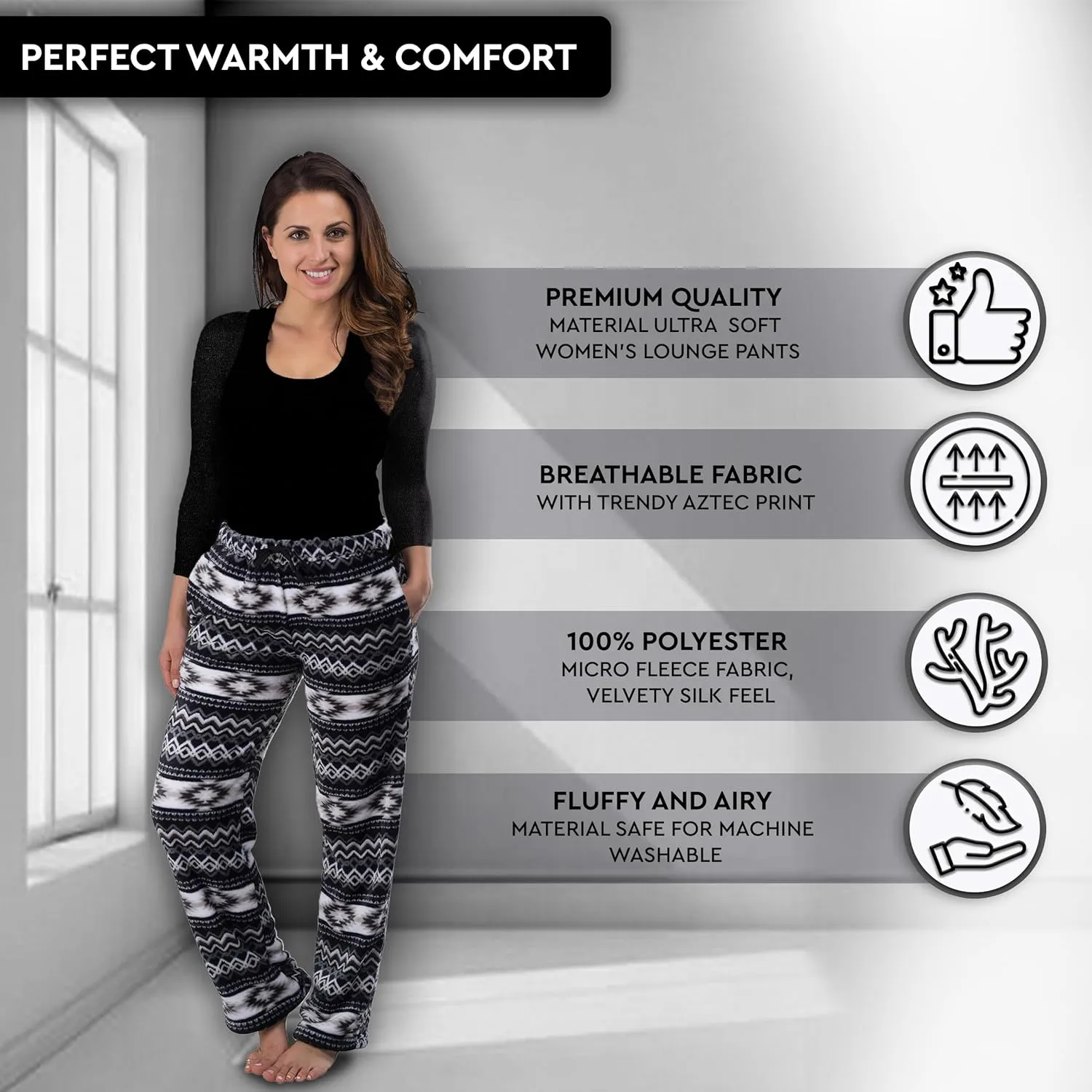 TrailCrest Ultra Soft Womens Lounge Pants, Plush Fleece with Velvety Silk Feel, Aztec/Ikat Fun and Trendy Prints
