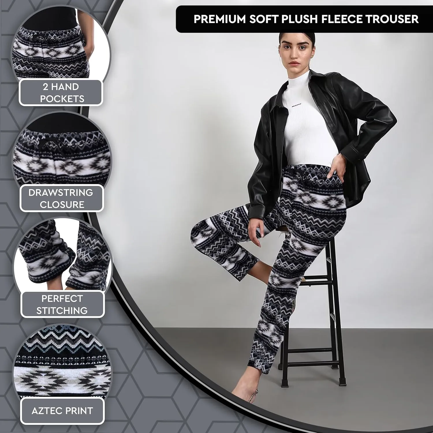 TrailCrest Ultra Soft Womens Lounge Pants, Plush Fleece with Velvety Silk Feel, Aztec/Ikat Fun and Trendy Prints