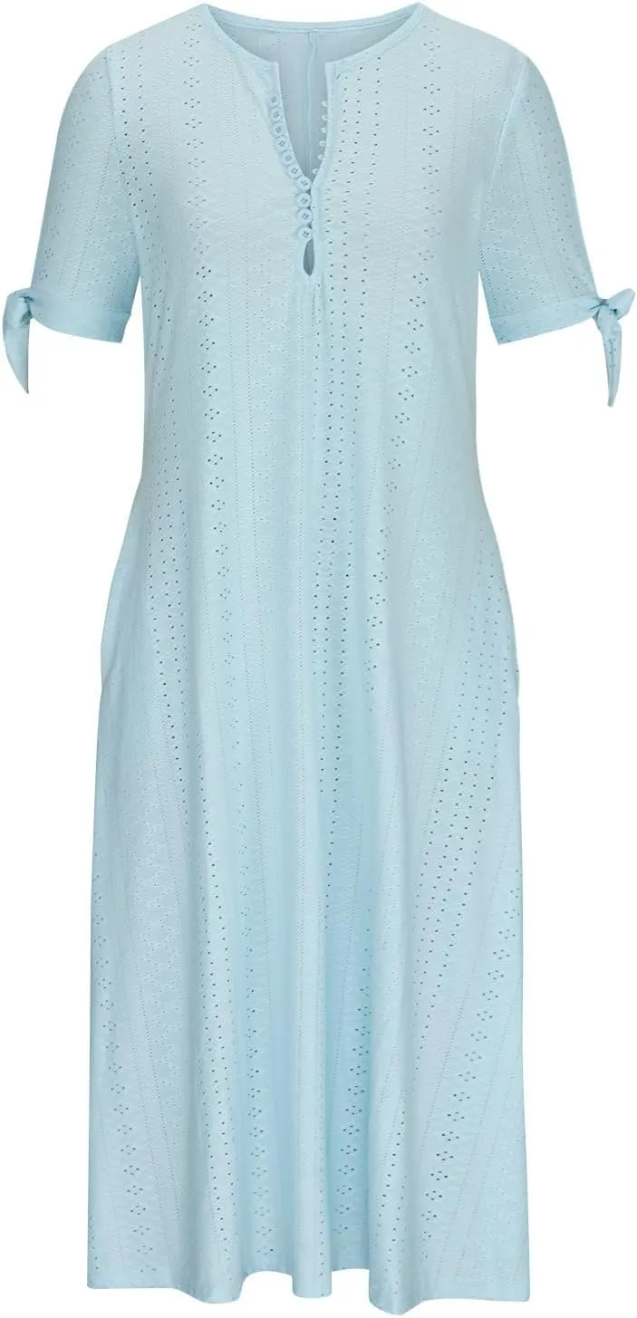 Women Casual Dress with Pocket, Summer Button V Neck Eyelet Midi Dresses Solid Short Sleeve Classy Long Dress