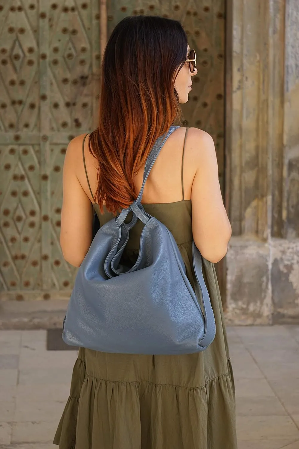 Women Leather Backpack/Purse- Handmade Convertible Hobo Shoulder Bag from Genuine Leather (Blue Jeans)