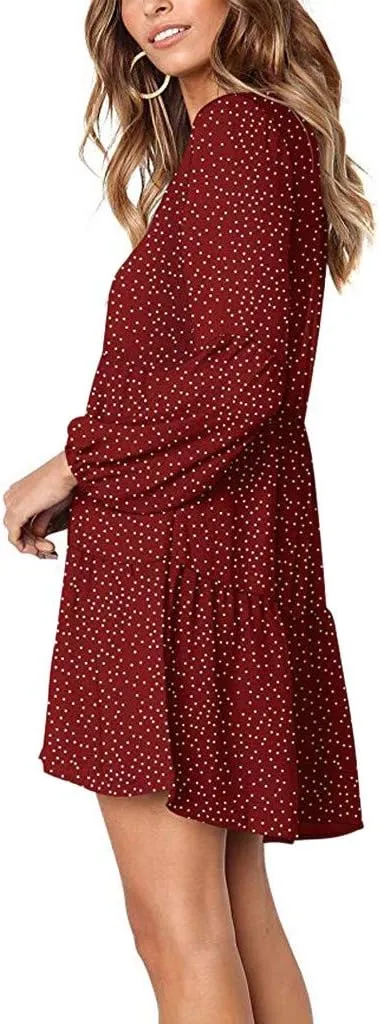 Women Loose Dress Ruffle Sleeve Dot V-Neckline Dress Casual Mini Short Swing Women's Dress Fancy Plus Size