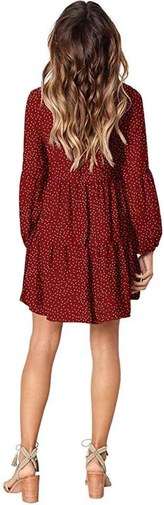Women Loose Dress Ruffle Sleeve Dot V-Neckline Dress Casual Mini Short Swing Women's Dress Fancy Plus Size
