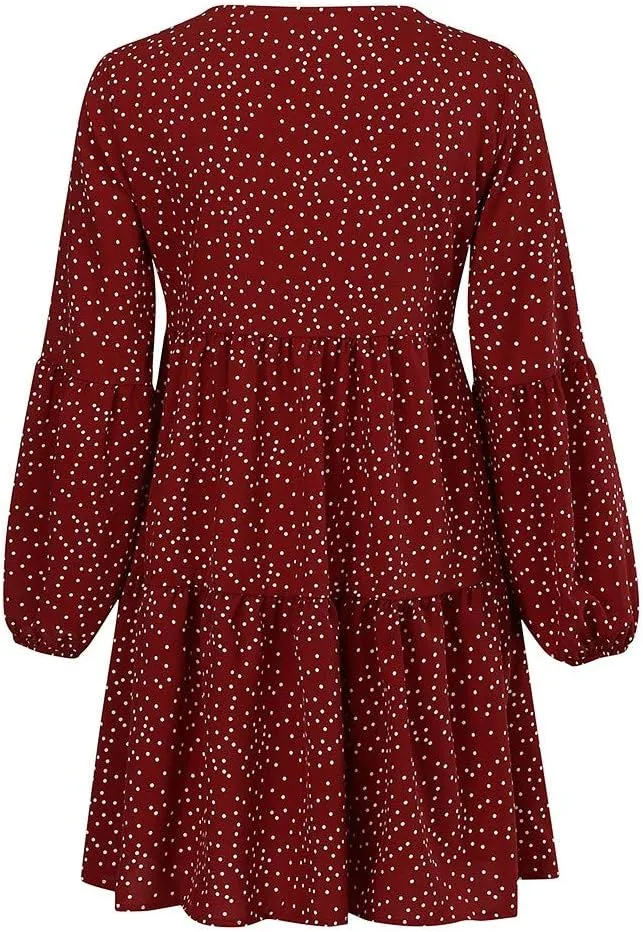 Women Loose Dress Ruffle Sleeve Dot V-Neckline Dress Casual Mini Short Swing Women's Dress Fancy Plus Size