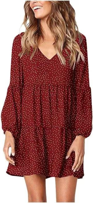 Women Loose Dress Ruffle Sleeve Dot V-Neckline Dress Casual Mini Short Swing Women's Dress Fancy Plus Size