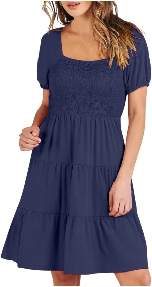 Women Summer Dress Square Neck Mini Dress Short Sleeve Sundress Ruffle Beach Dress Flowy Vacation Dress Cruise Dress