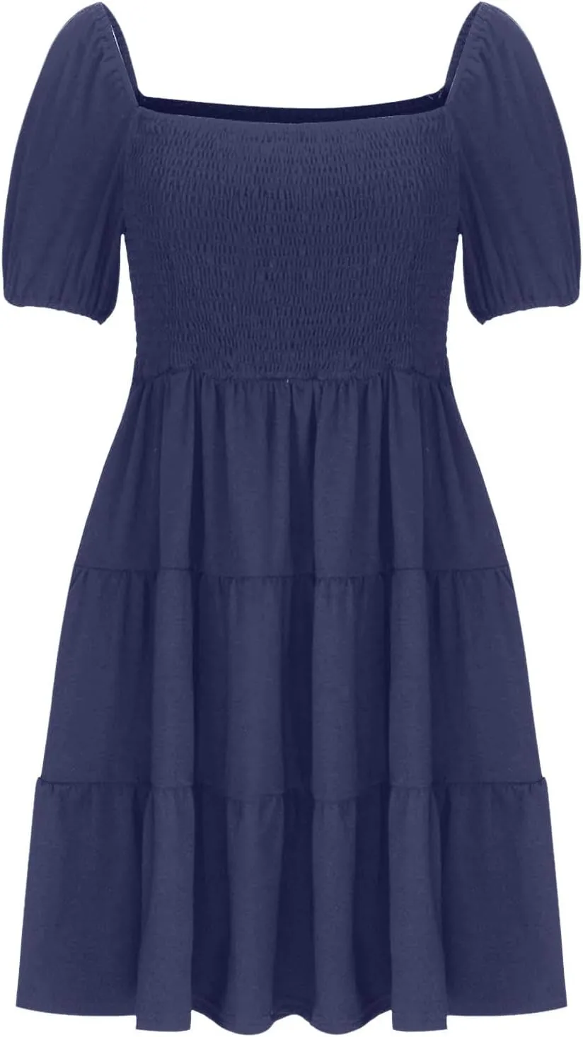 Women Summer Dress Square Neck Mini Dress Short Sleeve Sundress Ruffle Beach Dress Flowy Vacation Dress Cruise Dress