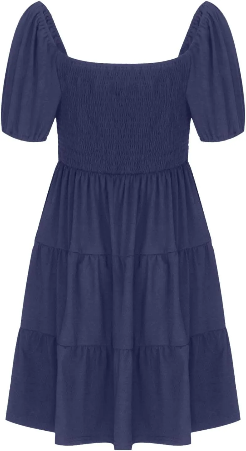 Women Summer Dress Square Neck Mini Dress Short Sleeve Sundress Ruffle Beach Dress Flowy Vacation Dress Cruise Dress