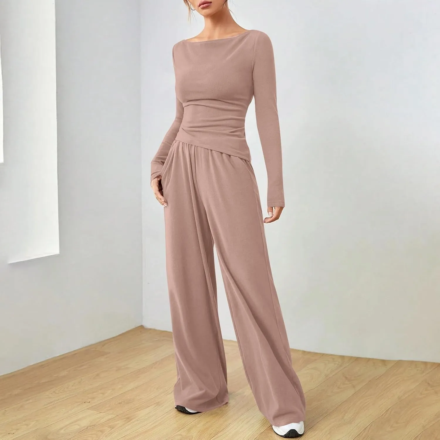 Women's 2 Piece Lounge Sets Asymmetrical Long Sleeve Two Piece Outfits Casual Wide Leg Jogger Set Cozy Loungewear