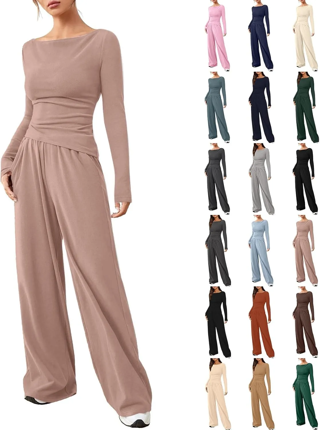 Women's 2 Piece Lounge Sets Asymmetrical Long Sleeve Two Piece Outfits Casual Wide Leg Jogger Set Cozy Loungewear