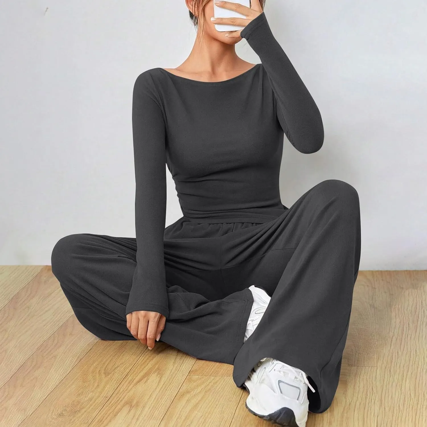 Women's 2 Piece Lounge Sets Asymmetrical Long Sleeve Two Piece Outfits Casual Wide Leg Jogger Set Cozy Loungewear