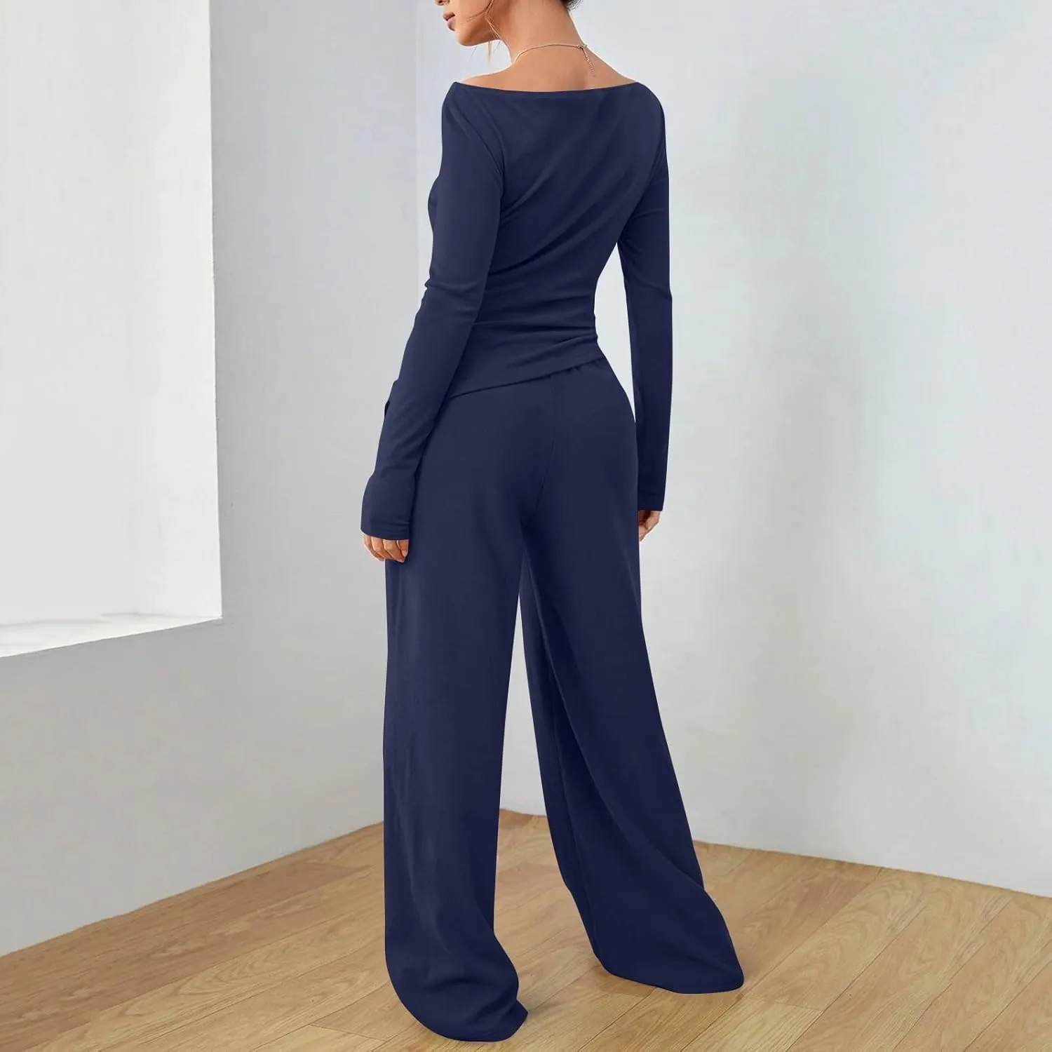 Women's 2 Piece Lounge Sets Asymmetrical Long Sleeve Two Piece Outfits Casual Wide Leg Jogger Set Cozy Loungewear
