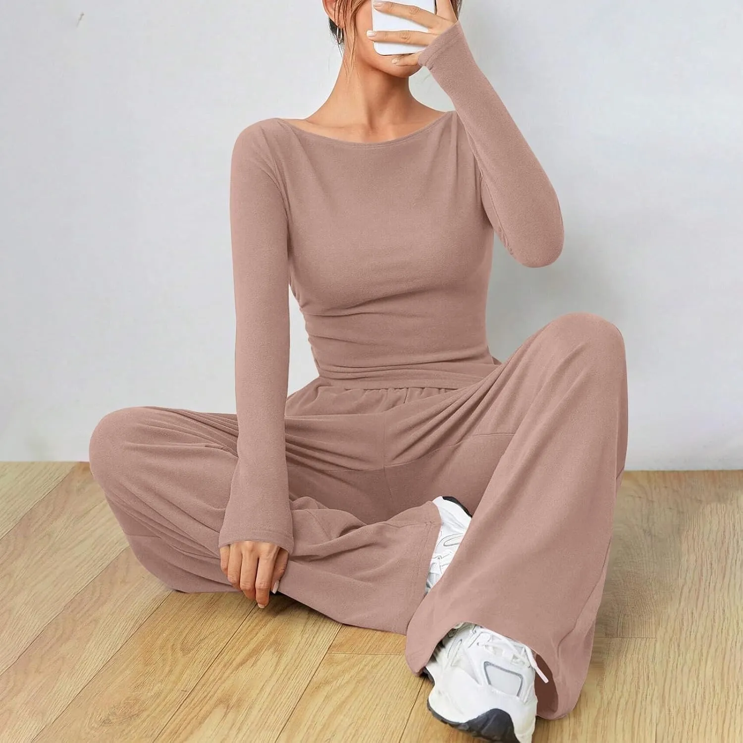 Women's 2 Piece Lounge Sets Asymmetrical Long Sleeve Two Piece Outfits Casual Wide Leg Jogger Set Cozy Loungewear