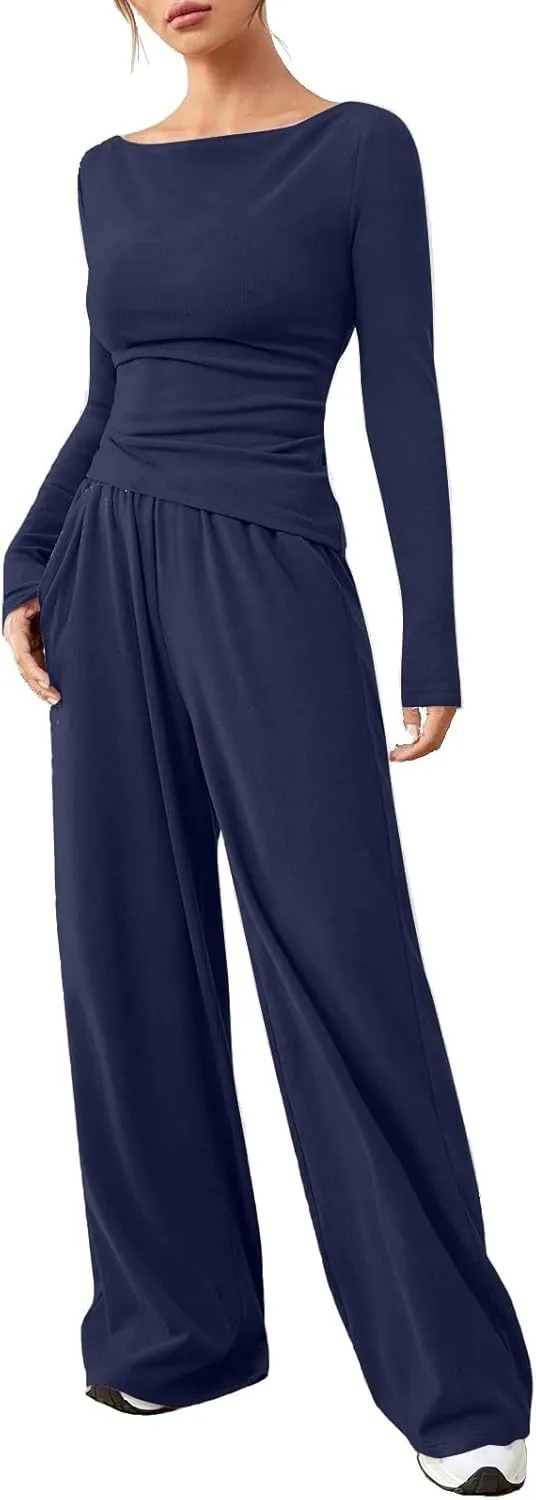 Women's 2 Piece Lounge Sets Asymmetrical Long Sleeve Two Piece Outfits Casual Wide Leg Jogger Set Cozy Loungewear