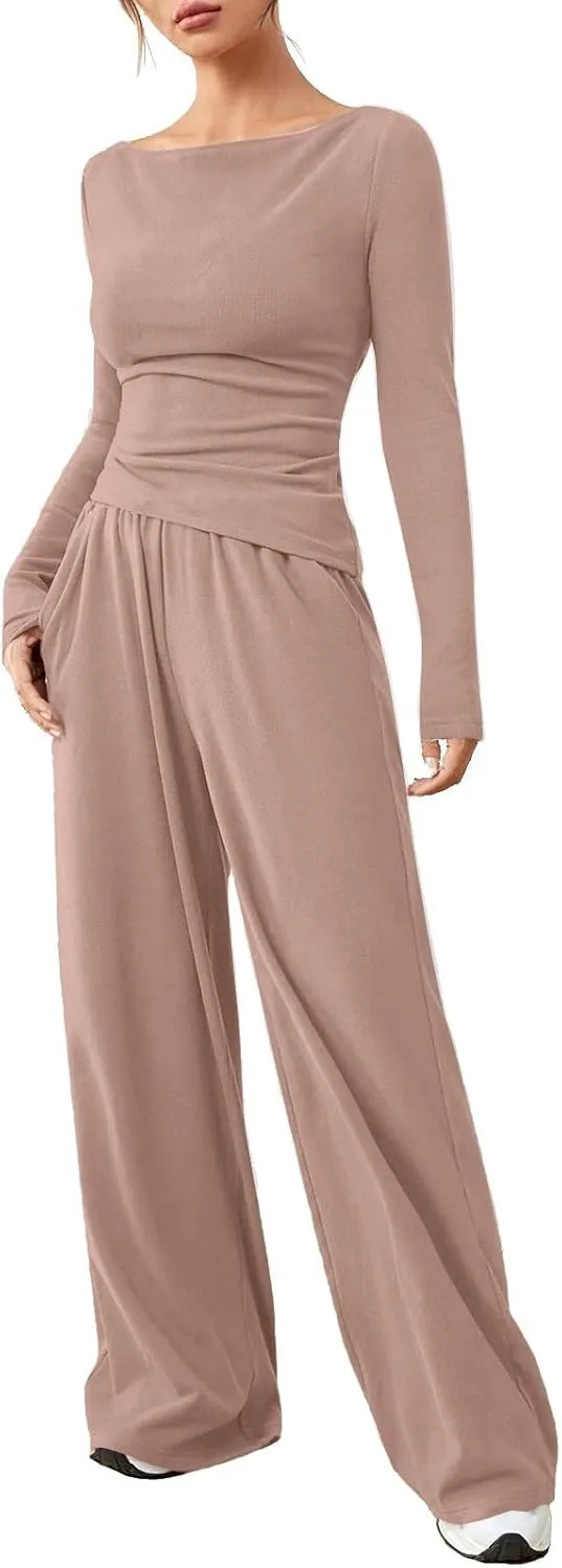 Women's 2 Piece Lounge Sets Asymmetrical Long Sleeve Two Piece Outfits Casual Wide Leg Jogger Set Cozy Loungewear