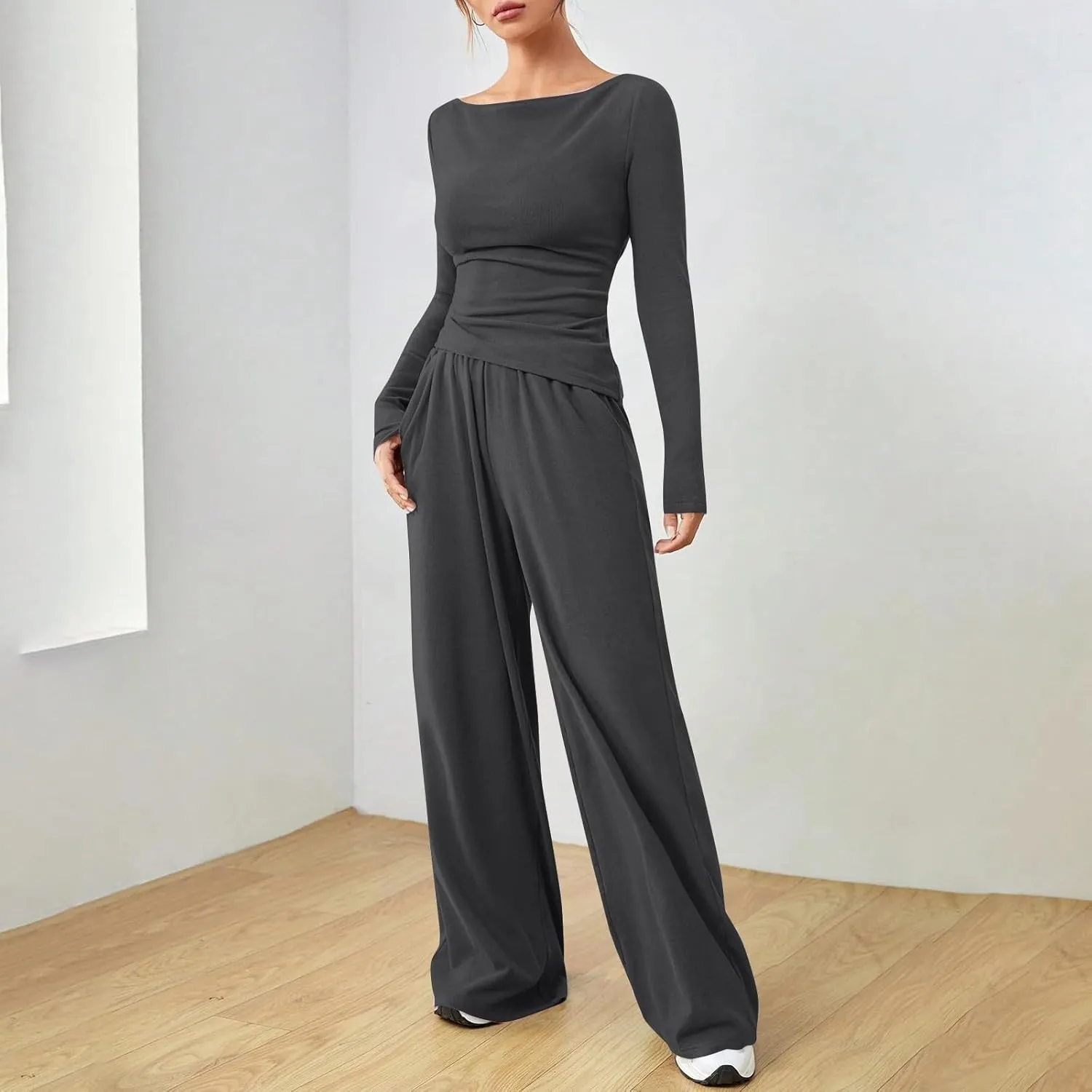 Women's 2 Piece Lounge Sets Asymmetrical Long Sleeve Two Piece Outfits Casual Wide Leg Jogger Set Cozy Loungewear
