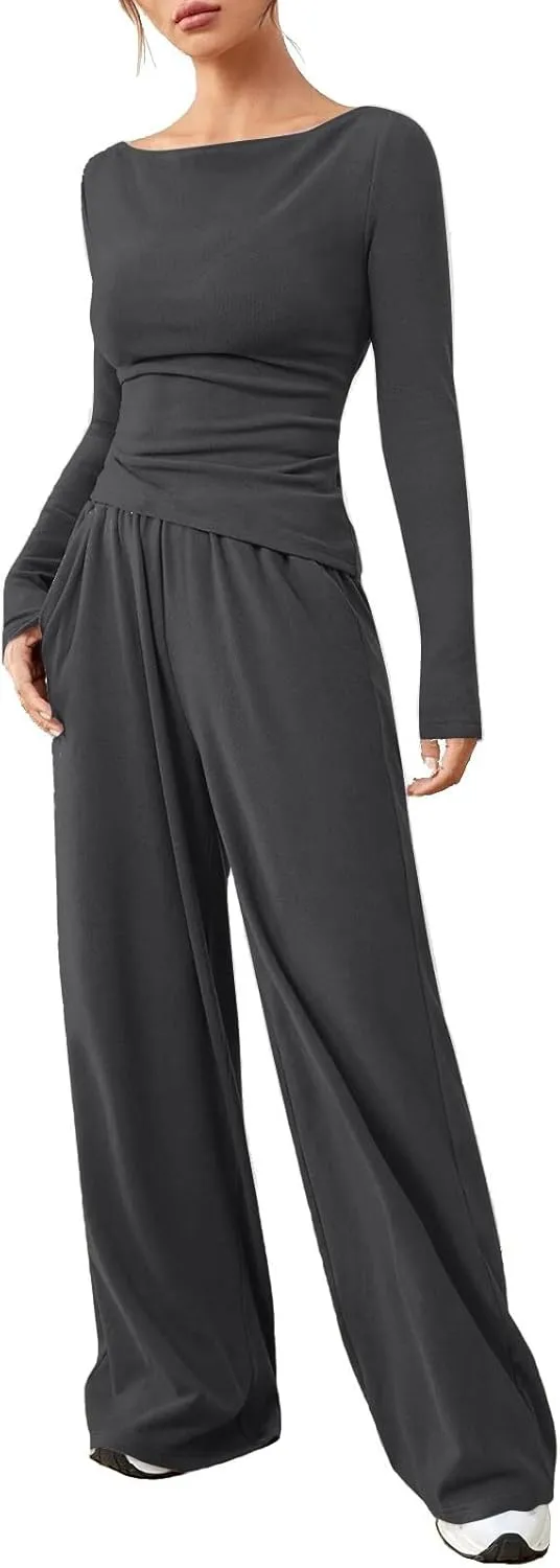 Women's 2 Piece Lounge Sets Asymmetrical Long Sleeve Two Piece Outfits Casual Wide Leg Jogger Set Cozy Loungewear