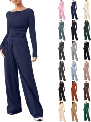 Women's 2 Piece Lounge Sets Asymmetrical Long Sleeve Two Piece Outfits Casual Wide Leg Jogger Set Cozy Loungewear