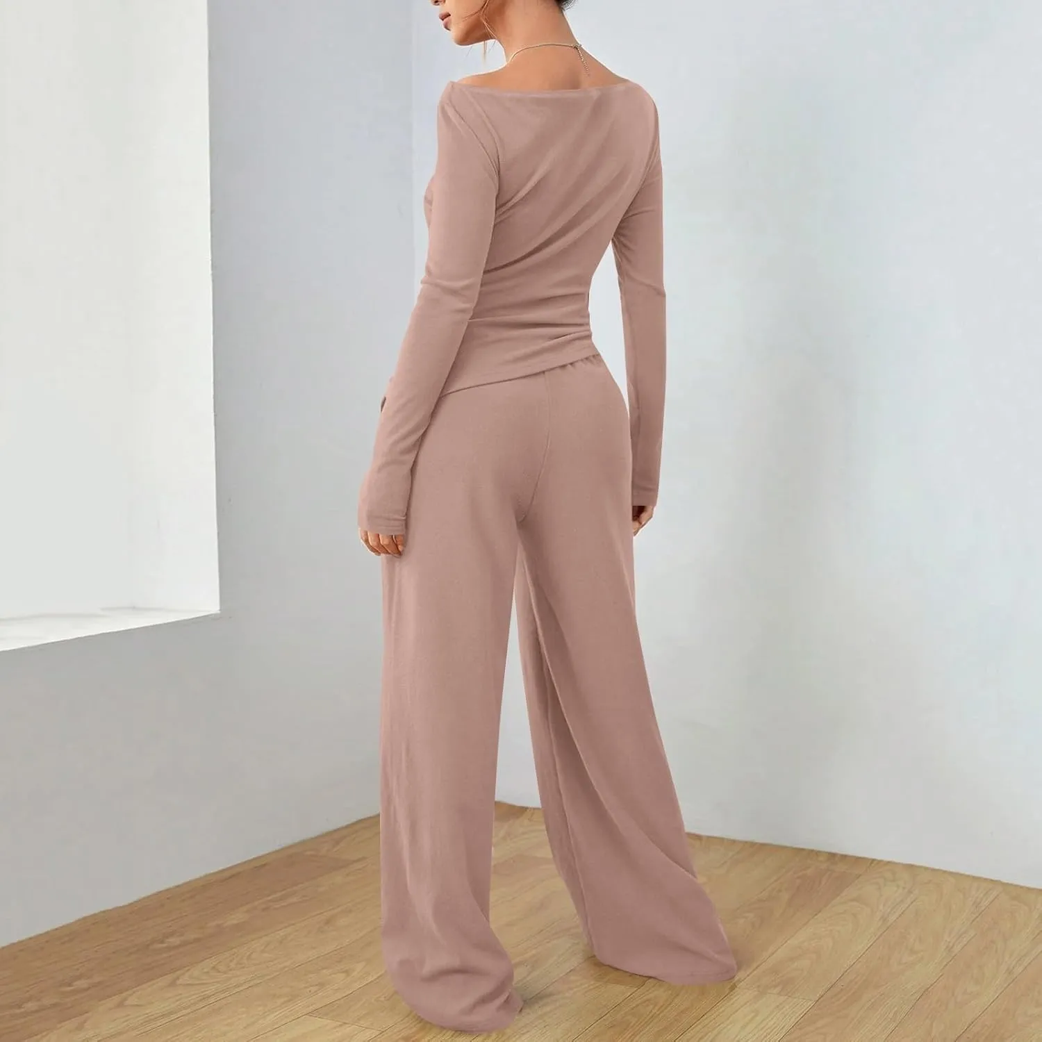 Women's 2 Piece Lounge Sets Asymmetrical Long Sleeve Two Piece Outfits Casual Wide Leg Jogger Set Cozy Loungewear
