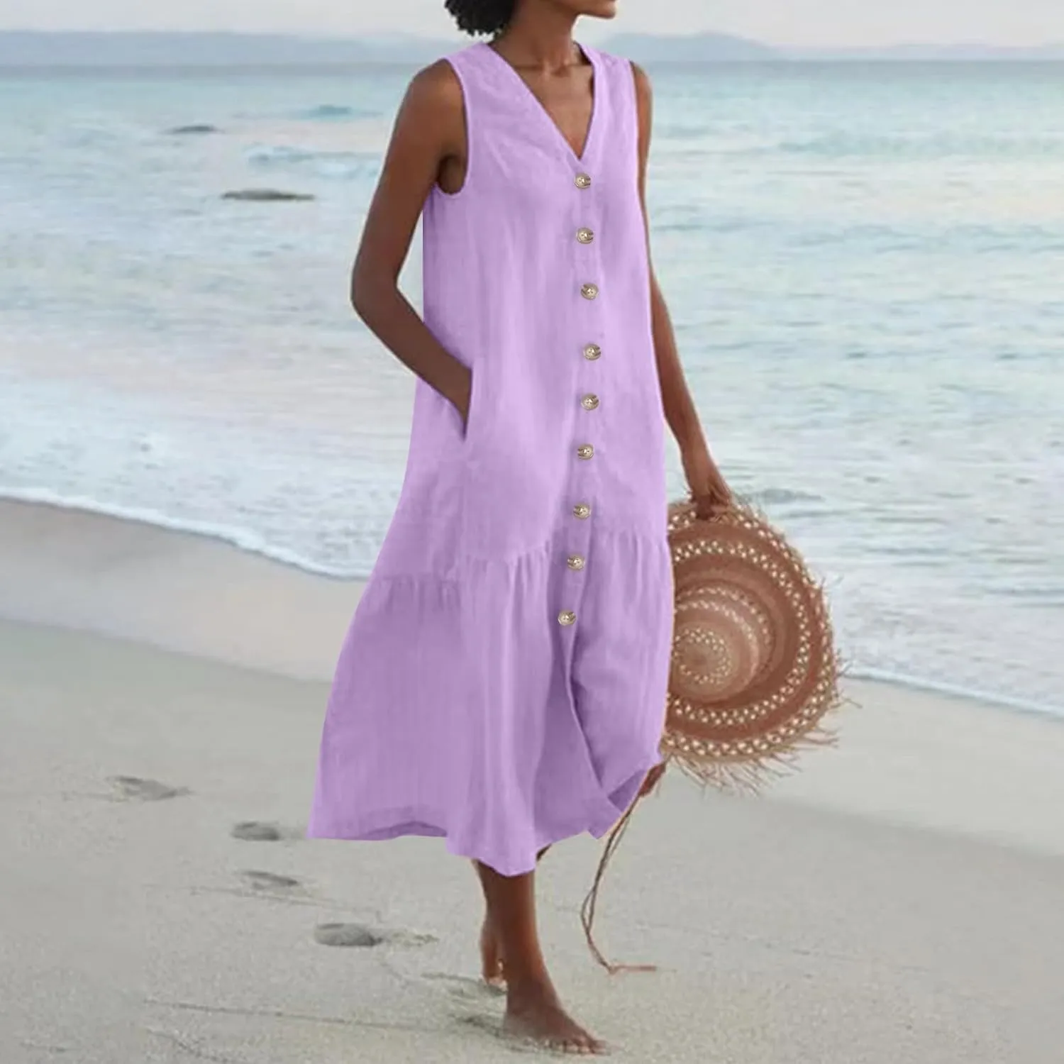 Women's Casual Summer Dresses V Neck Sleeveless Solid Color Button Down Casual Swing Beach Dress, S-2XL