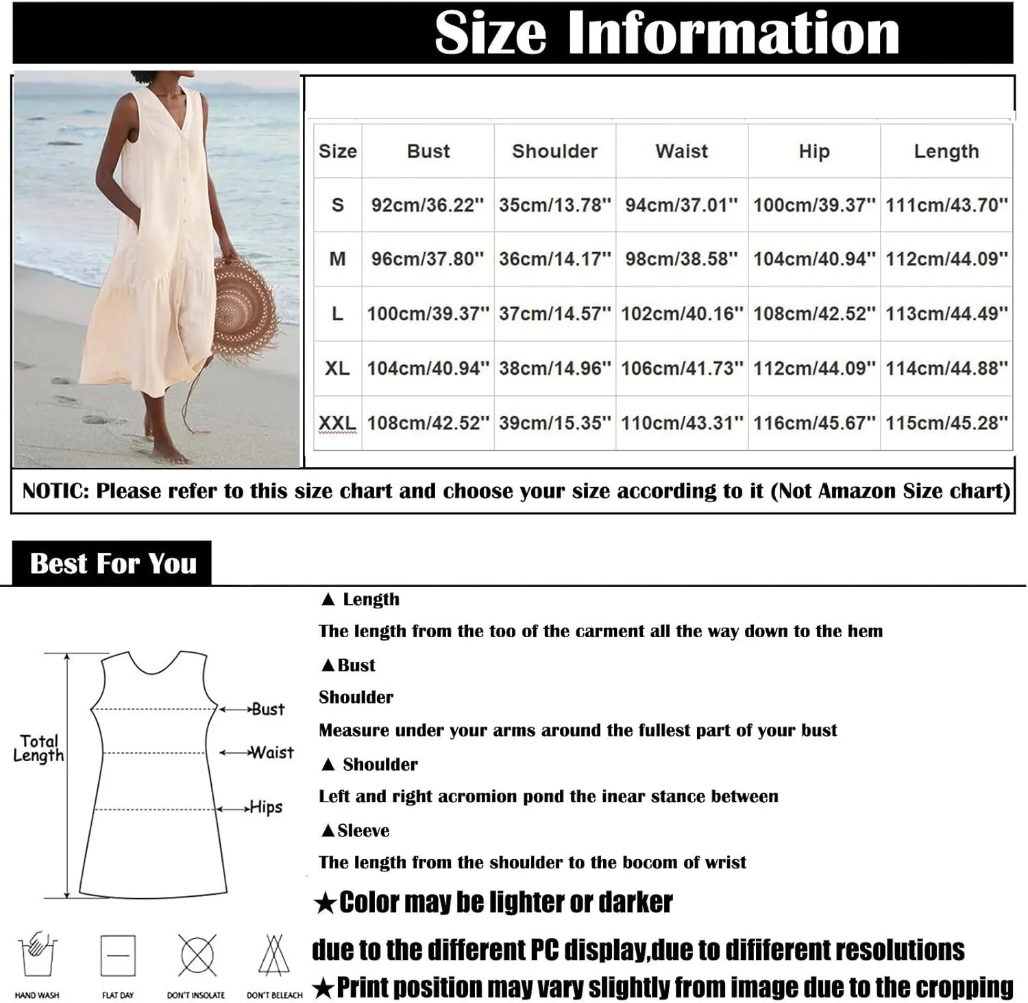 Women's Casual Summer Dresses V Neck Sleeveless Solid Color Button Down Casual Swing Beach Dress, S-2XL