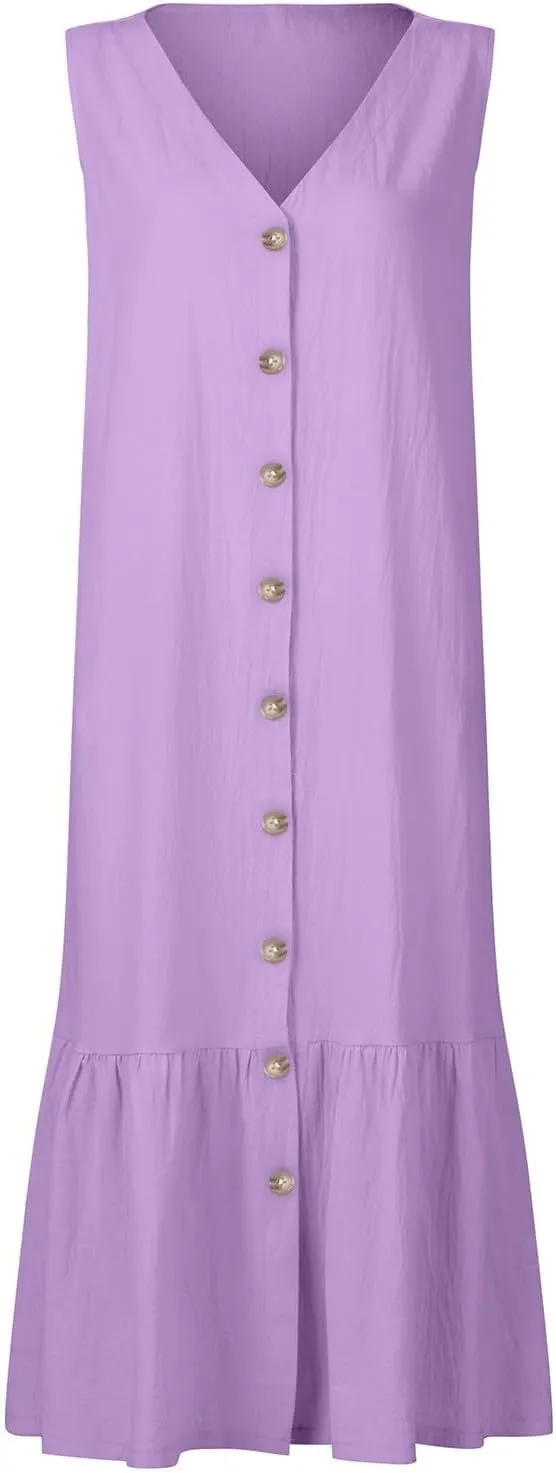 Women's Casual Summer Dresses V Neck Sleeveless Solid Color Button Down Casual Swing Beach Dress, S-2XL