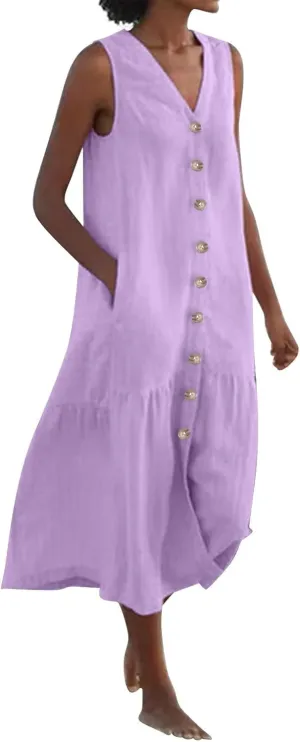 Women's Casual Summer Dresses V Neck Sleeveless Solid Color Button Down Casual Swing Beach Dress, S-2XL