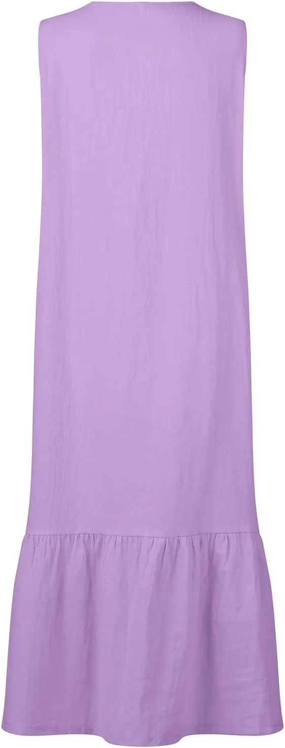 Women's Casual Summer Dresses V Neck Sleeveless Solid Color Button Down Casual Swing Beach Dress, S-2XL