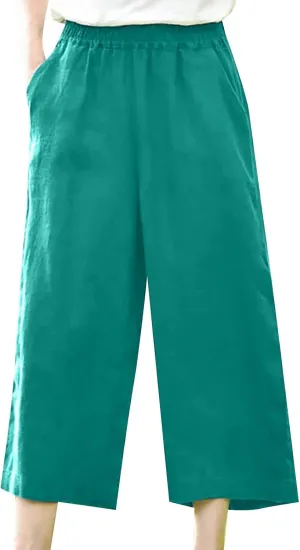 Womens Casual Wide Leg Capri Pants Elastic Waist Straight Leg Loose Fit Trousers Summer Beach Cozy Cotton Linen Cropped Pants