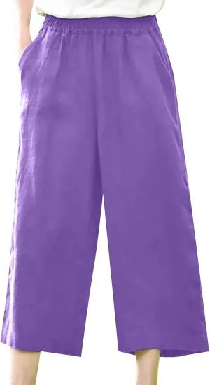 Womens Casual Wide Leg Capri Pants Elastic Waist Straight Leg Loose Fit Trousers Summer Beach Cozy Cotton Linen Cropped Pants