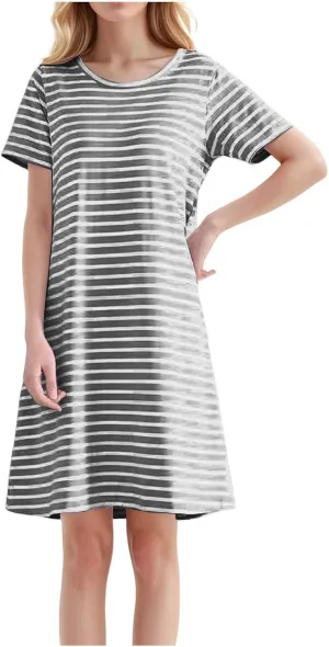 Women's Comfortable Mid Length Dress with Breast Pad Nightdress Casual Striped Skirt Plus Size Casual Dresses for