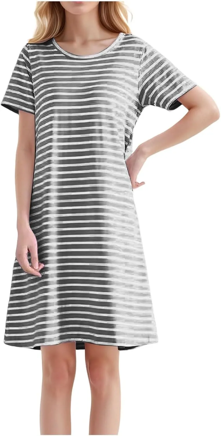 Women's Comfortable Mid Length Dress with Breast Pad Nightdress Casual Striped Skirt Plus Size Casual Dresses for