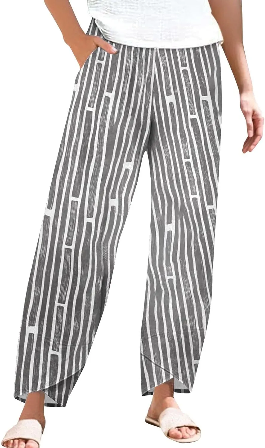 Womens Cotton Linen Striped Pants Wide Leg Comfy Cute Trousers Fashionable Loose Straight Pant for Outdoor Hiking Workout