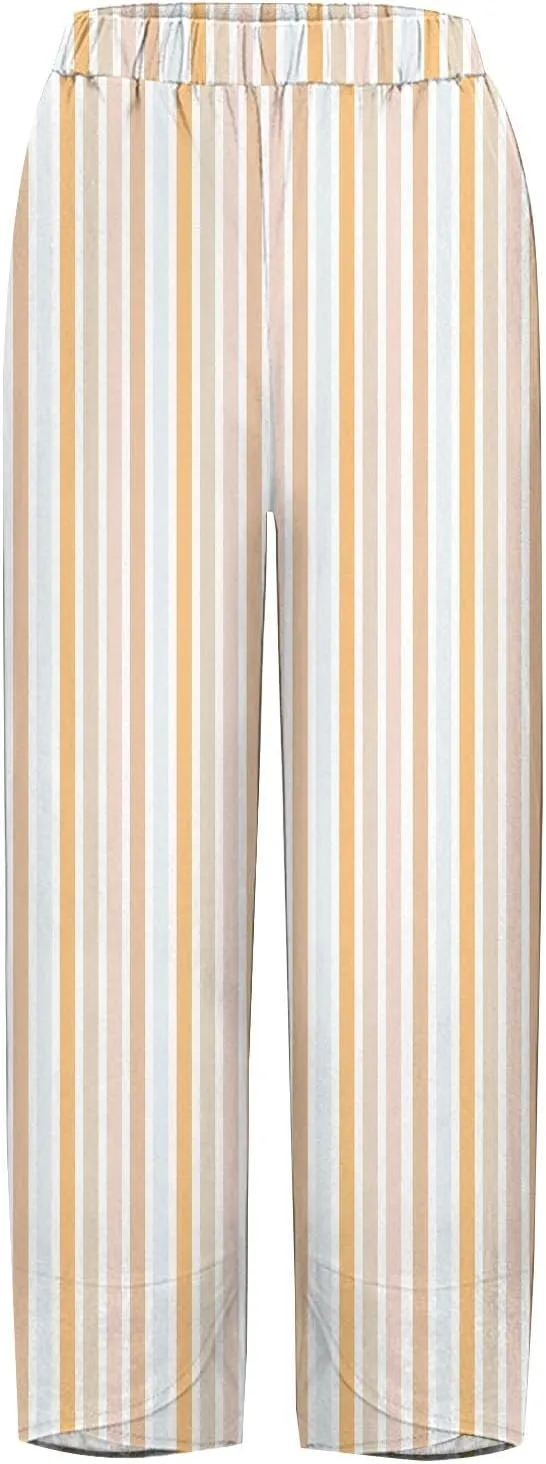 Womens Cotton Linen Striped Pants Wide Leg Comfy Cute Trousers Fashionable Loose Straight Pant for Outdoor Hiking Workout
