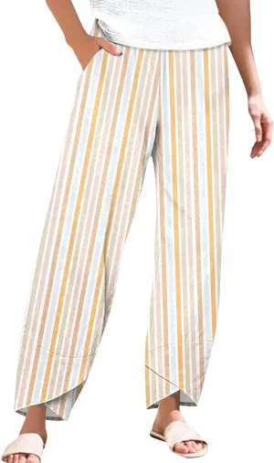 Womens Cotton Linen Striped Pants Wide Leg Comfy Cute Trousers Fashionable Loose Straight Pant for Outdoor Hiking Workout