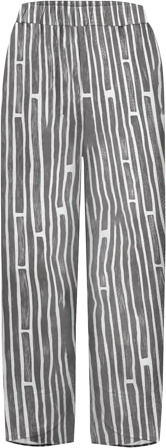 Womens Cotton Linen Striped Pants Wide Leg Comfy Cute Trousers Fashionable Loose Straight Pant for Outdoor Hiking Workout