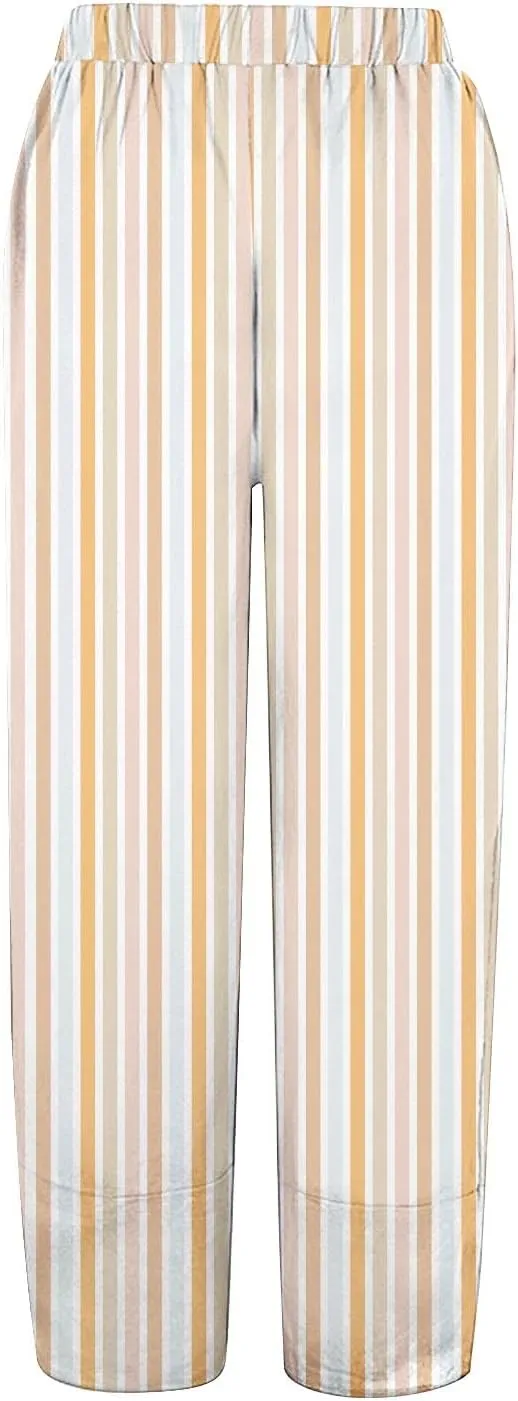 Womens Cotton Linen Striped Pants Wide Leg Comfy Cute Trousers Fashionable Loose Straight Pant for Outdoor Hiking Workout