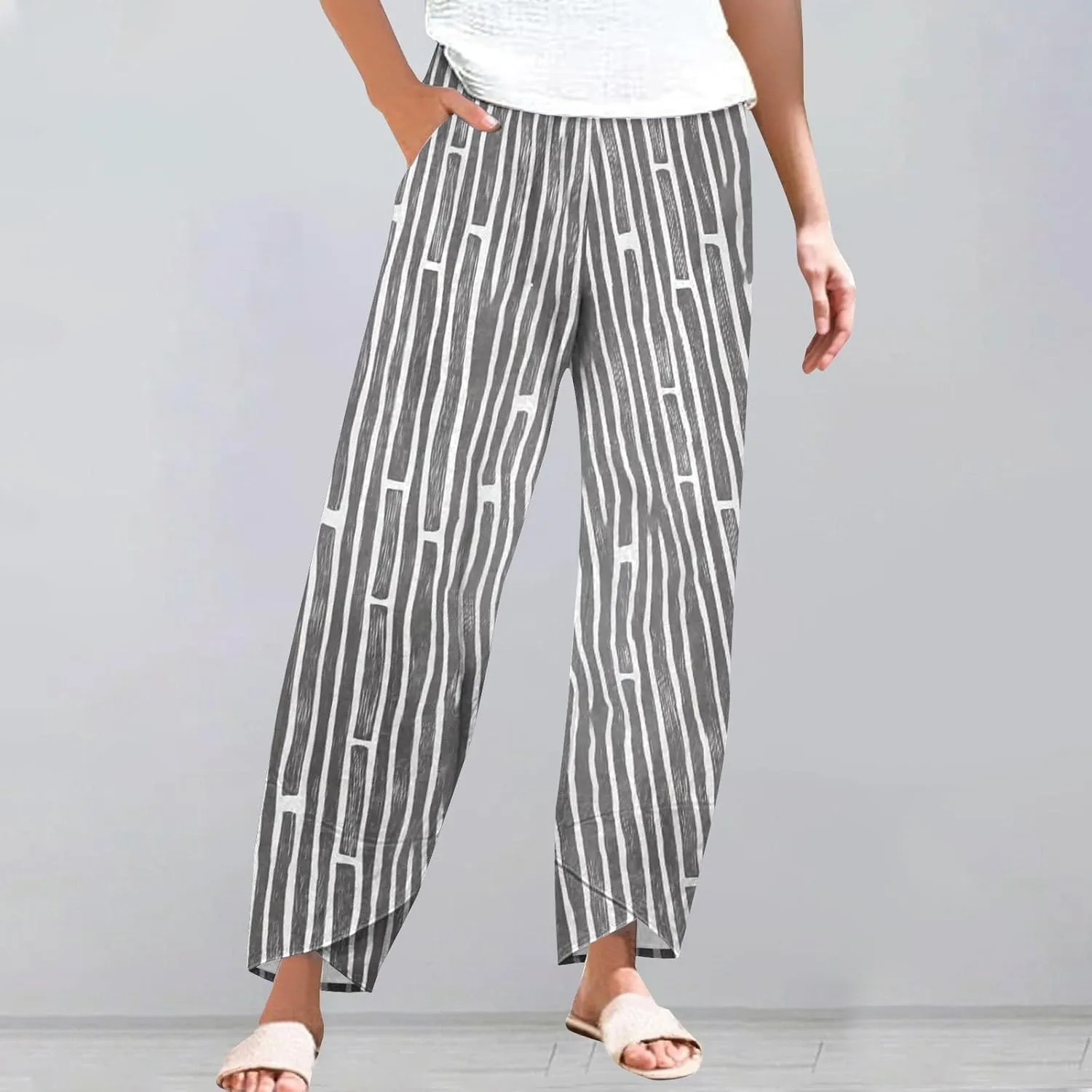 Womens Cotton Linen Striped Pants Wide Leg Comfy Cute Trousers Fashionable Loose Straight Pant for Outdoor Hiking Workout