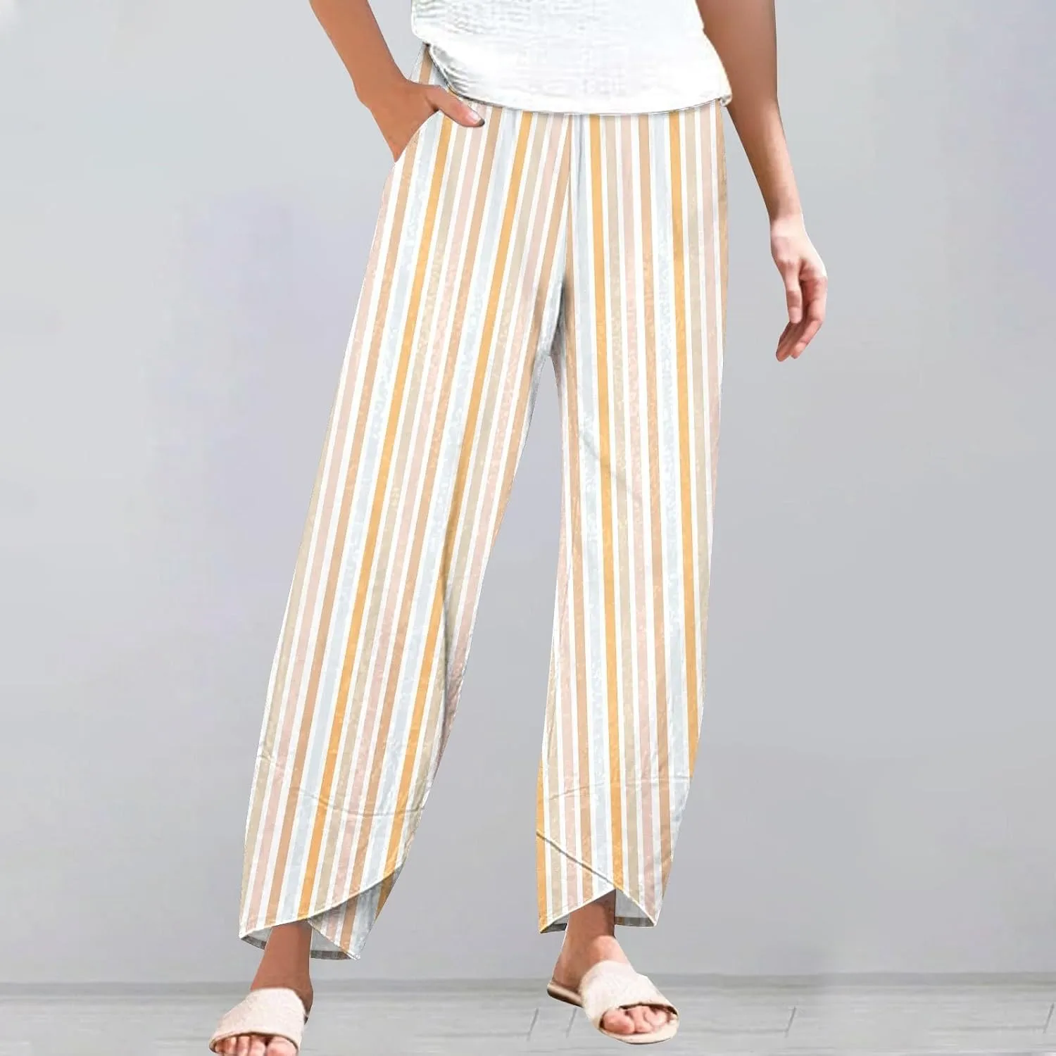 Womens Cotton Linen Striped Pants Wide Leg Comfy Cute Trousers Fashionable Loose Straight Pant for Outdoor Hiking Workout
