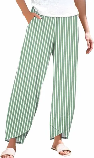 Womens Cotton Linen Striped Pants Wide Leg Comfy Trousers Fashionable Loose Straight Pant for Outdoor Hiking